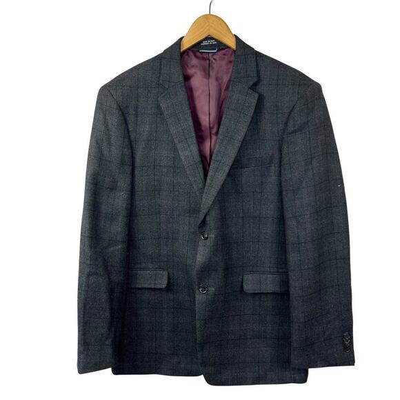 Tommy Hilfiger Dark Gray Plaid Worsted Wool Blazer Sport Coat Jacket 42L - Picture 1 of 12